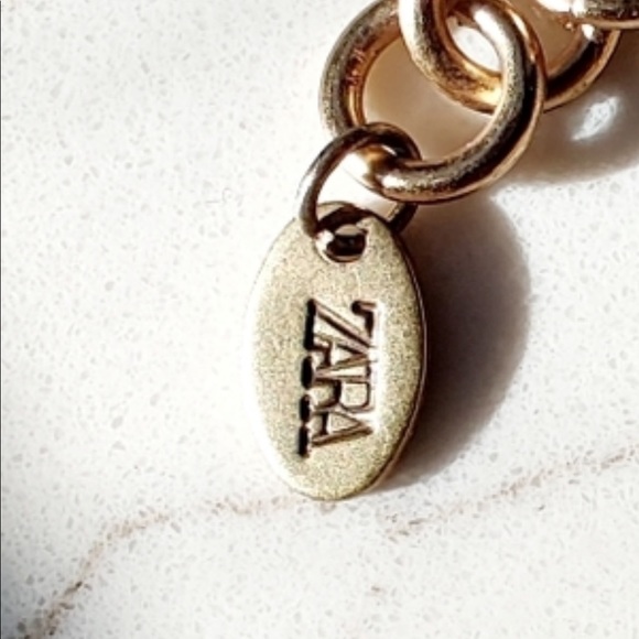 Zara Medal Teal & Gold Chain Chocker Necklace Stone Lines Coin Zara Logo Charm - Picture 9 of 11